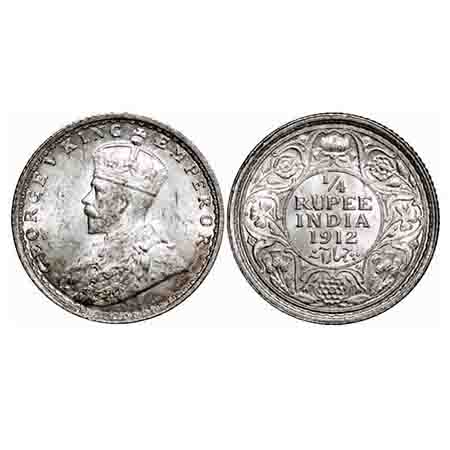 George V, Silver, 1/4 Rupee, 1912, Bombay Mint, Dot, Re-Drawn Elephant. F. Prid 454. GK 10