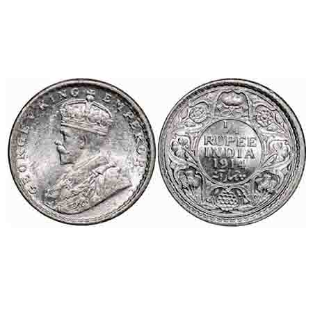 George V, Silver, 1/4 Rupee, 1914, Calcutta Mint, No dot. F. Prid 443. GK 1085. Brilliant 
