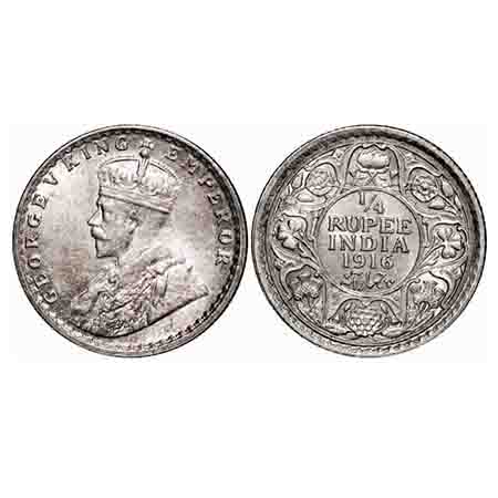 George V, Silver, 1/4 Rupee, 1916, Calcutta Mint, No dot. F. Prid 445. GK 1089. Uncirculat
