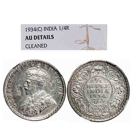 George V, Silver, 1/4 Rupee, 1934, Calcutta Mint, No dot. F. Prid 452. GK 1098. NGC Slabbe