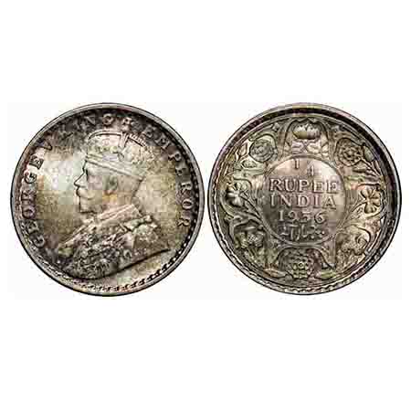 George V, Silver, 1/4 Rupee, 1936, Calcutta Mint, No dot. F. Prid 453. GK 1099. Brilliant 