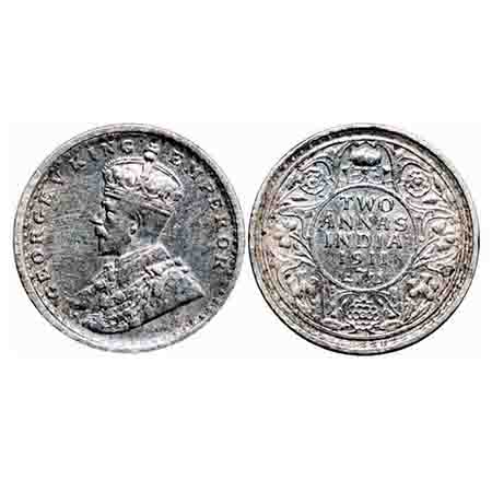 George V, Silver, 2 Annas, 1911, Calcutta Mint, No dot, Pig-Type. F. Prid 564. GK 1107. Ve