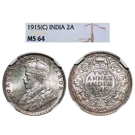 George V, Silver, 2 Annas, 1915, Calcutta Mint, No mint. F. Prid 568. GK 1114. NGC Slabbed