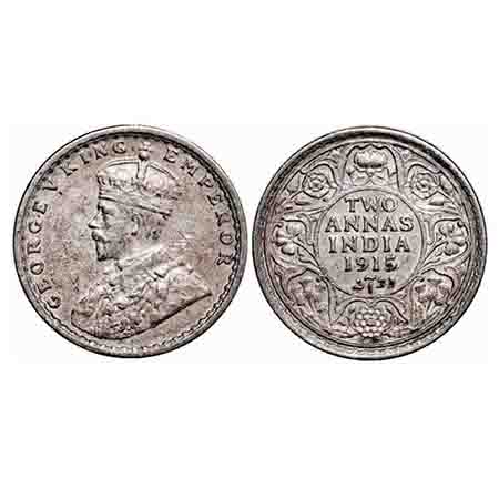 George V, Silver, 2 Annas, 1915, Bombay Mint, Dot. F. Prid 574. GK 1115. Extremely Fine+. 