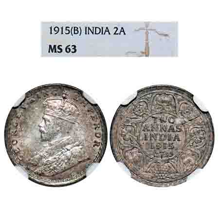 George V, Silver, 2 Annas, 1915, Bombay Mint, Dot. F. Prid 574. GK 1115. NGC Slabbed MS 63