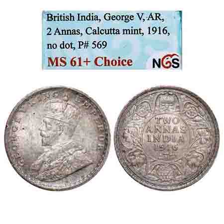 George V, Silver, 2 Annas, 1916, Calcutta Mint, No dot. F. Prid 569. GK 1116. NGS Slabbed 