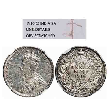 George V, Silver, 2 Annas, 1916, Calcutta Mint, No dot. F. Prid 569. GK 1116. NGC Slabbed 