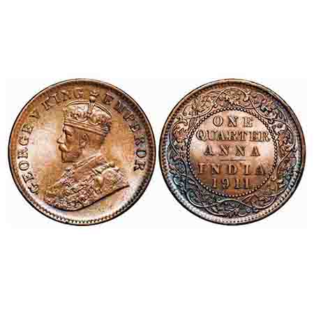 George V, Bronze, Quarter Anna, 1911, Calcutta Mint, No dot, Pig-Type. F. Prid 656. GK 117