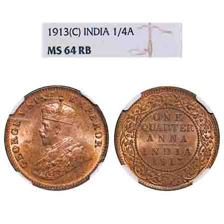 George V, Bronze, Quarter Anna, 1913, Calcutta Mint, No dot. F. Prid 659. GK 1173. NGC Sla