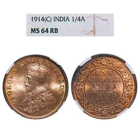 George V, Bronze, Quarter Anna, 1914, Calcutta Mint, No dot. F. Prid 660. GK 1174. NGC Sla