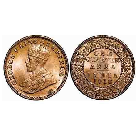 George V, Bronze, Quarter Anna, 1918, Calcutta Mint, No dot. F. Prid 663. GK 1177. Brillia