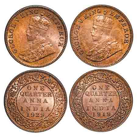 George V, Bronze, Quarter Anna, (2 coins), 1919, 1929, Calcutta Mint, No dot. F. Prid. GK 