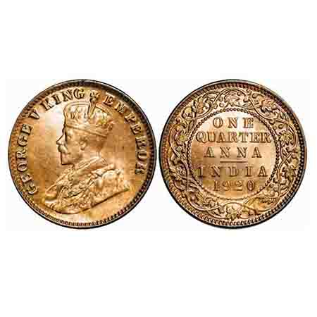 George V, Bronze, Quarter Anna, 1920, Calcutta Mint, No dot. F. Prid 665. GK 1179. Mint St