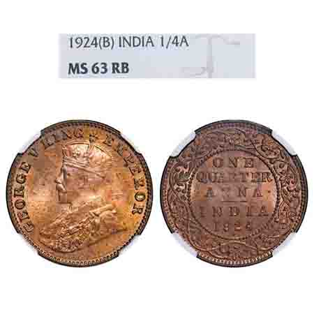 George V, Bronze, Quarter Anna, 1924, Bombay Mint, Dot. F. Prid 677. GK 1180. NGC Slabbed 