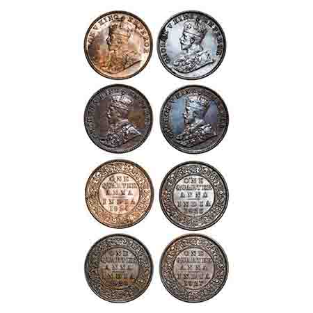George V, Bronze, Quarter Anna, 1924, 1925, 1926, 1927, (4 coins), Bombay Mint, Dot. F. Pr