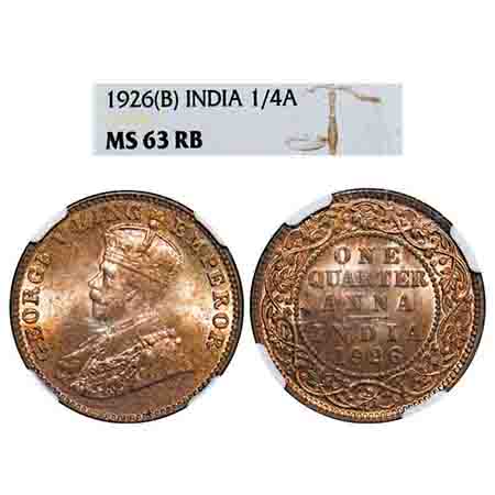 George V, Bronze, Quarter Anna, 1926, Bombay Mint, Dot. F. Prid 679. GK 1183. NGC Slabbed 