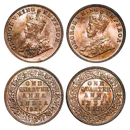 George V, Bronze, Quarter Anna, 1926, (2 coins), 1) Bombay Mint, Dot, 2) Calcutta Mint, No