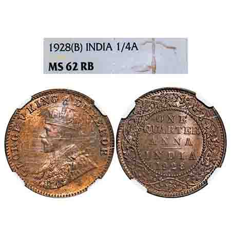 George V, Bronze, Quarter Anna, 1928, Bombay Mint, Dot. F. Prid 681. GK 1187. NGC Slabbed 