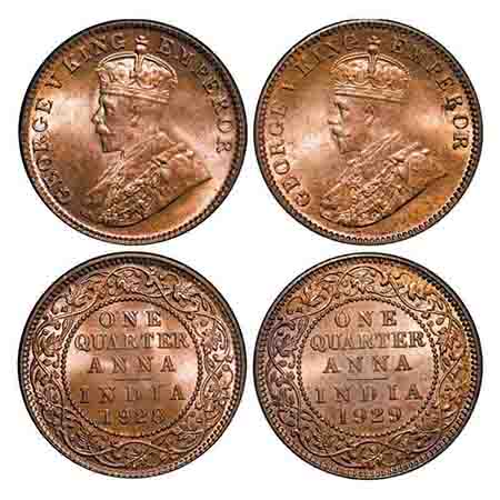 George V, Bronze, Quarter Anna, (2 coins), 1928, 1929, Calcutta Mint, No dot. F. Prid 669,