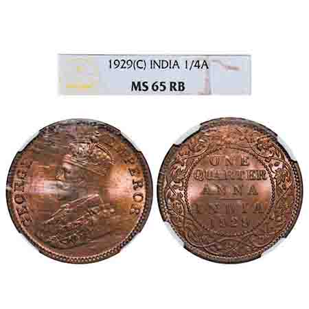 George V, Bronze, Quarter Anna, 1929, Calcutta Mint, No dot. F. Prid 670. GK 1189. NGC Sla