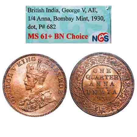 George V, Bronze, Quarter Anna, 1930, Bombay Mint, Dot. F. Prid 682. GK 1190. NGS Slabbed 