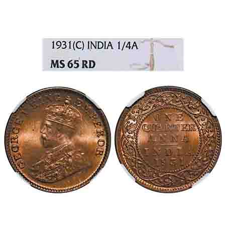 George V, Bronze, Quarter Anna, 1931, Calcutta Mint, No dot. F. Prid 672. GK 1192. NGC Sla