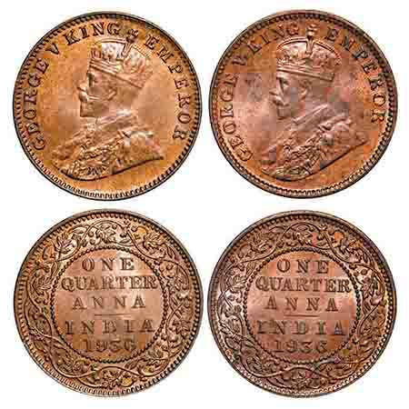 George V, Bronze, Quarter Anna, (2 coins), 1936, 1) Bombay Mint, Dot, 2) Calcutta Mint, No