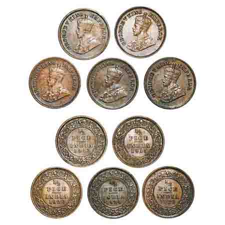 George V, Bronze, 1/2 Pice, (lot of 5 coins), 1913, 1915, 1920, 1924, 1929, Calcutta Mint,