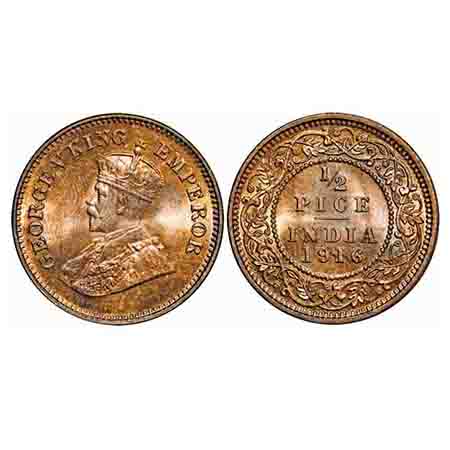 George V, Bronze, 1/2 Pice, 1916, Calcutta Mint, No mint mark. F. Prid 749. GK 1202. Brill