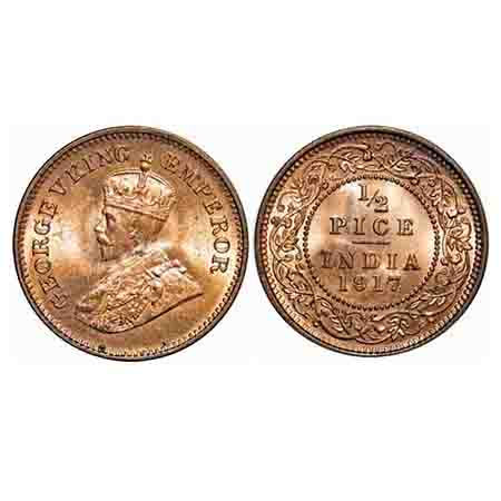 George V, Bronze, 1/2 Pice, 1917, Calcutta Mint, No mint mark. F. Prid 750. GK 1203. Brill