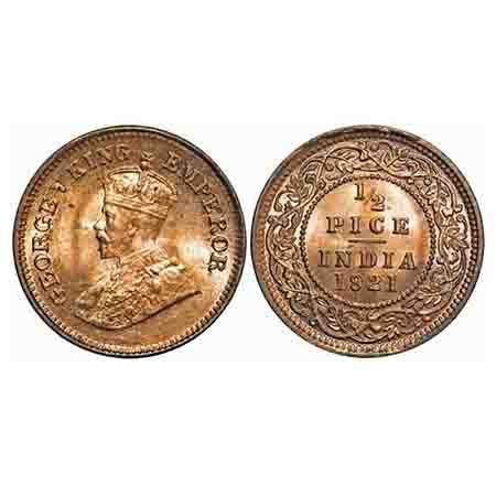 George V, Bronze, 1/2 Pice, 1921, Calcutta Mint, No mint mark. F. Prid 754. GK 1207. Brill