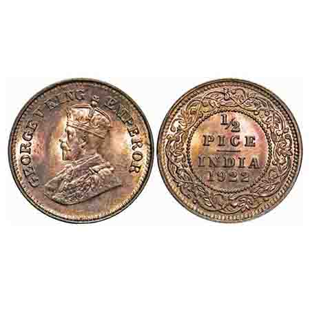 George V, Bronze, 1/2 Pice, 1922, Calcutta Mint, No mint mark. F. Prid 755. GK 1208. Brill