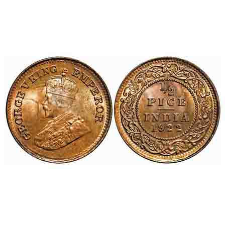 George V, Bronze, 1/2 Pice, 1922, Calcutta Mint, No mint mark. F. Prid 755. GK 1208. Brill