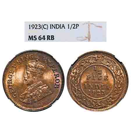George V, Bronze, 1/2 Pice, 1923, Calcutta Mint, No mint mark. F. Prid 756. GK 1209. NGC S
