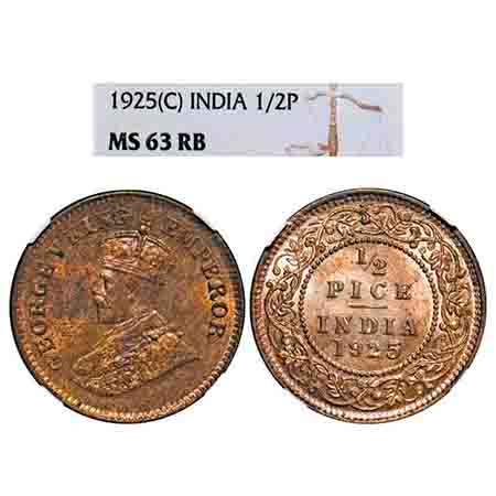 George V, Bronze, 1/2 Pice, 1925, Calcutta Mint, No mint mark. F. Prid 758. GK 1211. NGC S