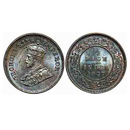 George V, Bronze, 1/2 Pice, 1927, Calcutta Mint, No mint mark. F. Prid 760. GK 1213. Brill