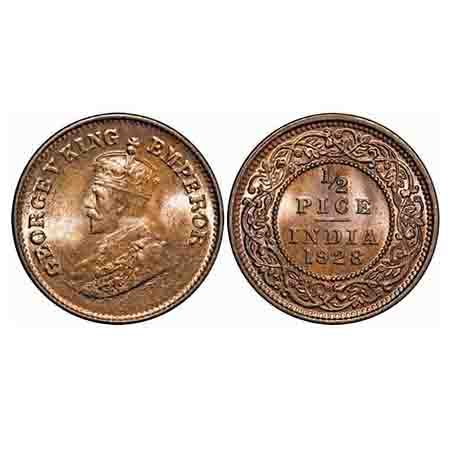 George V, Bronze, 1/2 Pice, 1928, Calcutta Mint, No mint mark. F. Prid 761. GK 1214. Brill