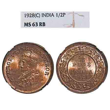 George V, Bronze, 1/2 Pice, 1928, Calcutta Mint, No mint mark. F. Prid 761. GK 1214. NGC S