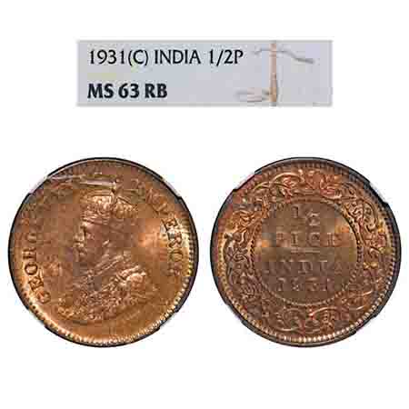 George V, Bronze, 1/2 Pice, 1931, Calcutta Mint, No mint mark. F. Prid 764. GK 1217. NGC S