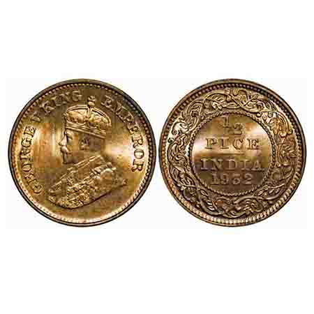 George V, Bronze, 1/2 Pice, 1932, Calcutta Mint, No mint mark. F. Prid 765. GK 1218. Brill