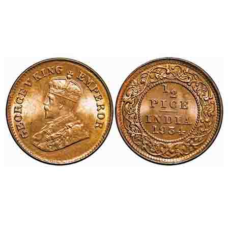 George V, Bronze, 1/2 Pice, 1934, Calcutta Mint, No mint mark. F. Prid 767. GK 1220. Mint 