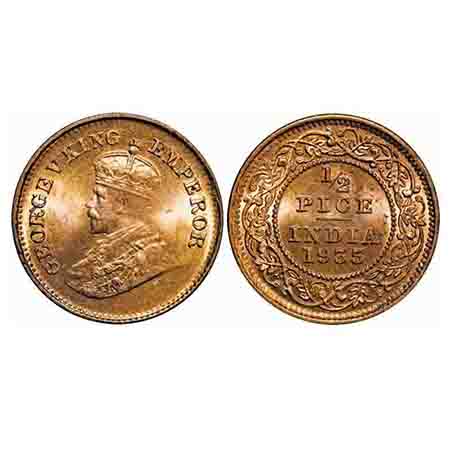 George V, Bronze, 1/2 Pice, 1935, Calcutta Mint, No mint mark. F. Prid 768. GK 1221. Mint 