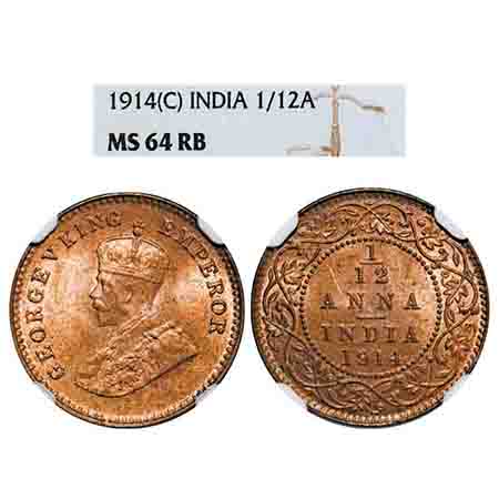George V, Bronze, 1/12 Anna, 1914, Calcutta Mint, No dot. F. Prid 829. GK 1225. NGC Slabbe