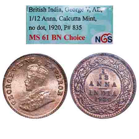 George V, Bronze, 1/12 Anna, 1920, Calcutta Mint, No dot. F. Prid 835. GK 1231. NGS Slabbe