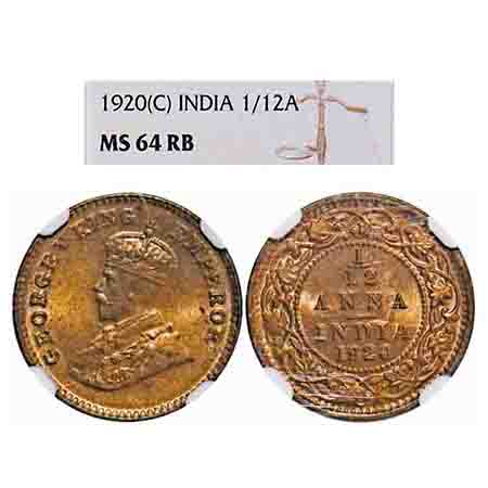 George V, Bronze, 1/12 Anna, 1920, Calcutta Mint, No dot. F. Prid 835. GK 1231. NGC Slabbe