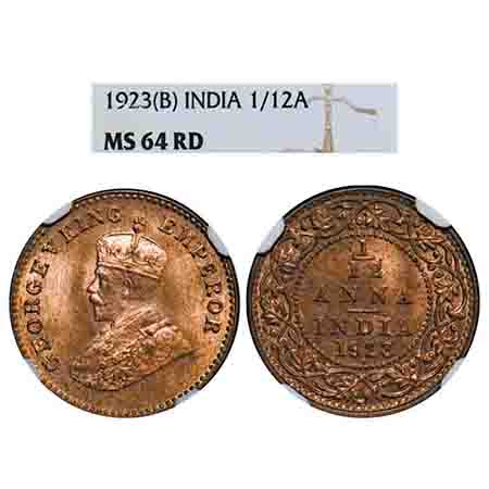George V, Bronze, 1/12 Anna, 1923, Bombay Mint, Dot. F. Prid 851. GK 1233. NGC Slabbed MS 