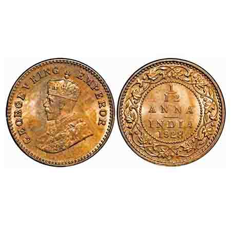 George V, Bronze, 1/12 Anna, 1928, Calcutta Mint, No dot. F. Prid 842. GK 1244. Brilliant 