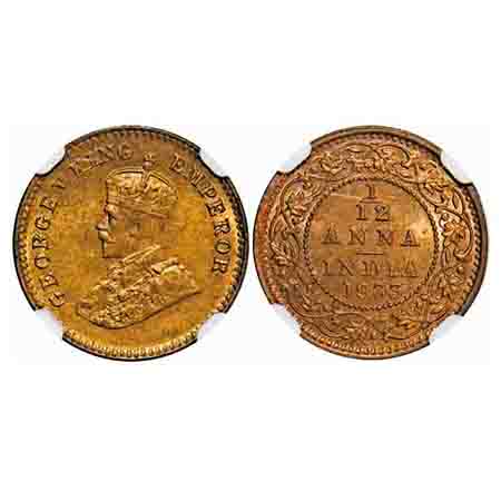 George V, Bronze, 1/12 Anna, 1933, Calcutta Mint, No dot. F. Prid 847. GK 1249. NGC Slabbe