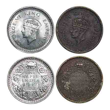 George VI, Half Silver, rupee, (2 coins), 1) 1942, Bombay Mint, B(a)/II, Diamond mint mark