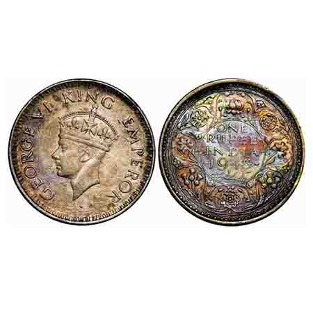 George VI, Half Silver, Rupee, 1943, Bombay Mint, A(b)/II, Diamond, Security edge, Small 3